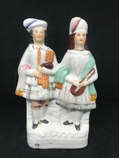 Vintage English Staffordshire-Pair Of Scottish Musicians/White Flat Back