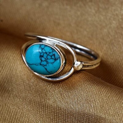 Cabochon Turquoise Sterling 925 Silver Oval Shaped Handmade Genuine Ring