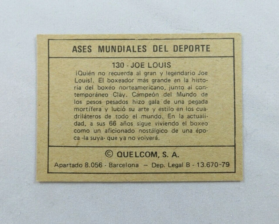 JOE LOUIS 1979 QUELCOM ASES MUNDIALES DEL DEPORTE CARD SPAIN - Image 2 of 2