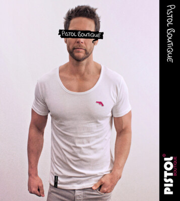 Pistol Boutique Herren weiß einfach U-Ausschnitt Rundhals Brust Logo Abzeichen T-Shirt 