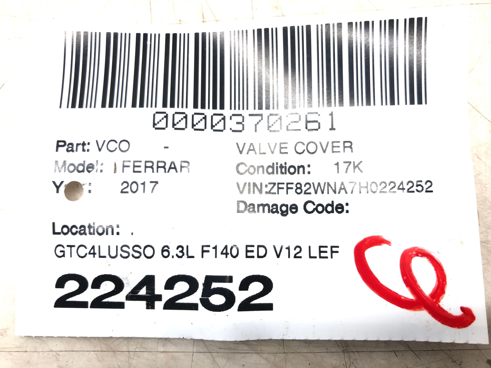 2017-2020 FERRARI GTC4LUSSO 6.3L F140 LEFT ENGINE VALVE COVER 317787 OEM