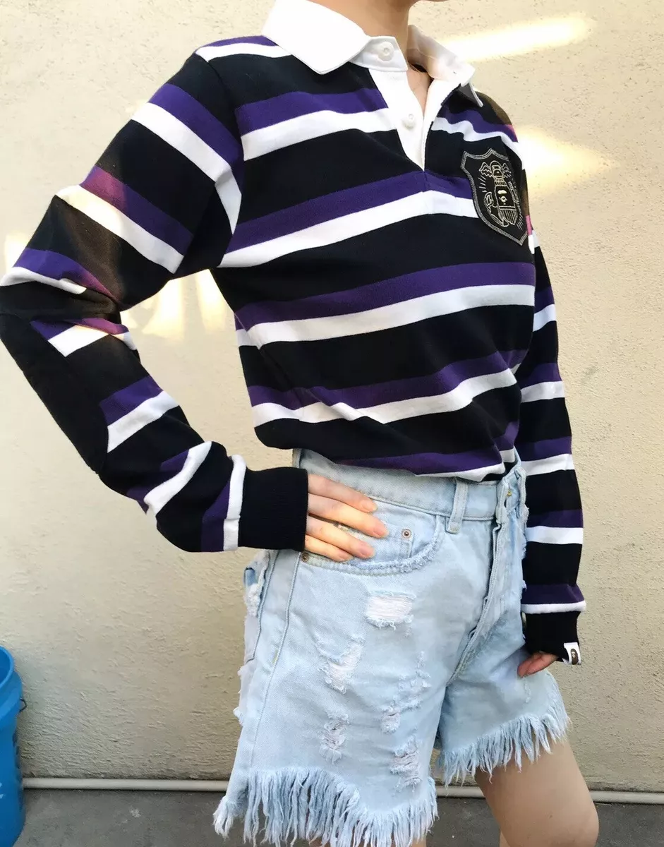 100% AUTH Bape Longsleeve Rugby Striped Ape Head Elbow Polo Shirt
