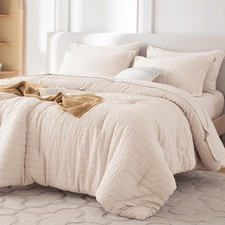 7 Piece Queen Comforter Set Beige Seersucker Bed in a Bag Bedding Set All Season