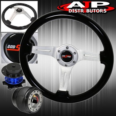 Blue Quick Release For 89-05 Eclipse + Black Wood Trim Chrome Mid Steering Wheel