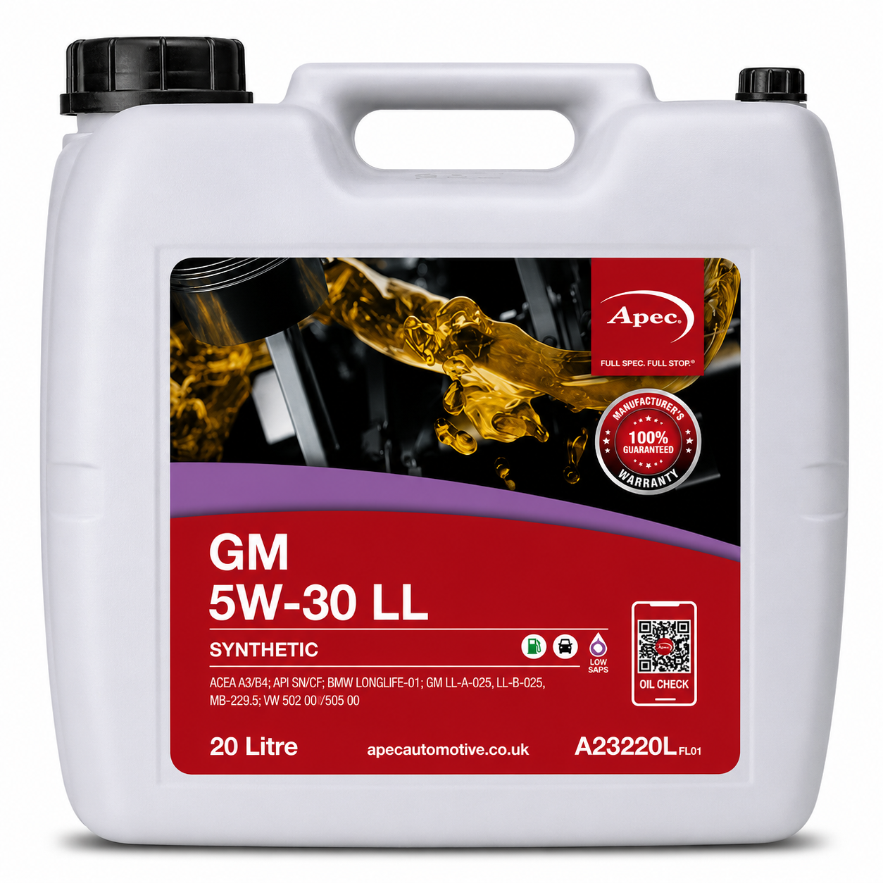 APEC GM 5W-30 LL Fully Synthetic Engine Oil 20L | ACEA A3/B4 BMW LL-01
