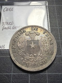 Chile Silver 1 Peso 1881 So Toned Original Small X Graffiti
