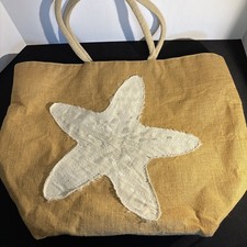 Used TOTE Starfish Beach BAG JUTE BURLAP Plastic lined Canvas Handles Grommet