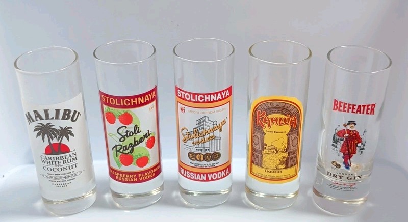 5pc Vintage Advertising Shot Glass Set Clear Glass 2oz Painted Decorated Barware