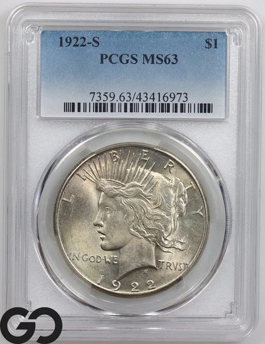1922-S Peace Dollar Coin PCGS MS 63 ** Cartwheel Mint Luster!