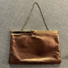 Vintage Etra Gold Genuine Leather Clutch Square Evening Purse Bag Brass Trim EUC
