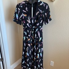 eShakti Black Feather Print Wrap Dress Tie Waist S-6