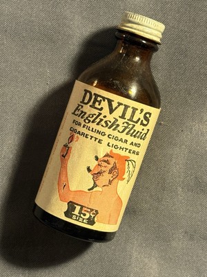 the devil's cigarette lighter Vintage Devil’s English Fluid Bottle 15¢ Rare Lighter Devil Labs  Advertising