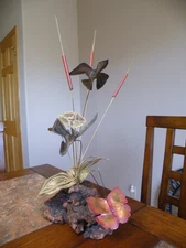 Vintage MCM Brutalist METAL Copper/Brass DUCKS Flying SCULPTURE On BURLWOOD