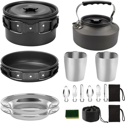 15PCS Camping Cookware Mess Kit, Portable Non-Stick Aluminum Set with Kettle, Pa