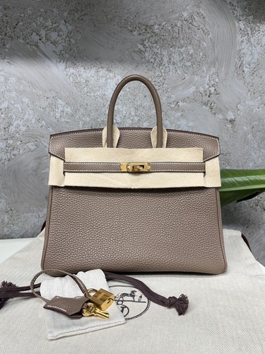 AUTH Hermes Birkin 25 Etoupe Grey Leather Gold Hardware Top Handle Handbag