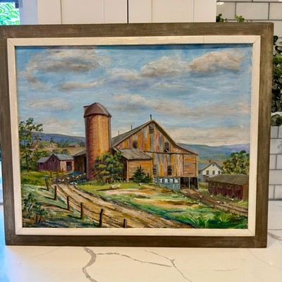 VTG Midcentury Oil Painting Pennsylvania Barn Farm Silo Landscape Signed E 35x29