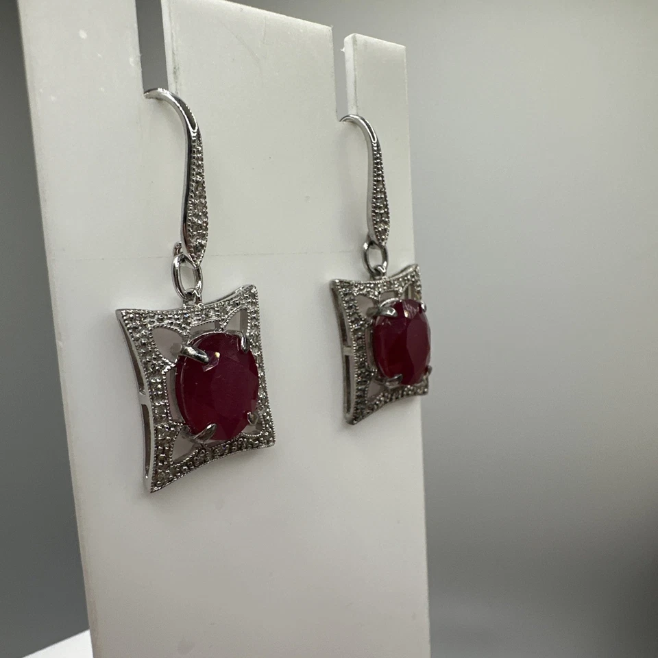 Stunning! Natural Ruby & White Diamond Sterling Silver Dangle Earrings - Image 2 of 4