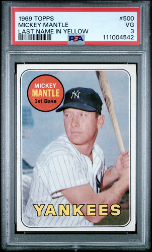 1969 Topps #500 Mickey Mantle PSA 3 VG Well Centered New Label