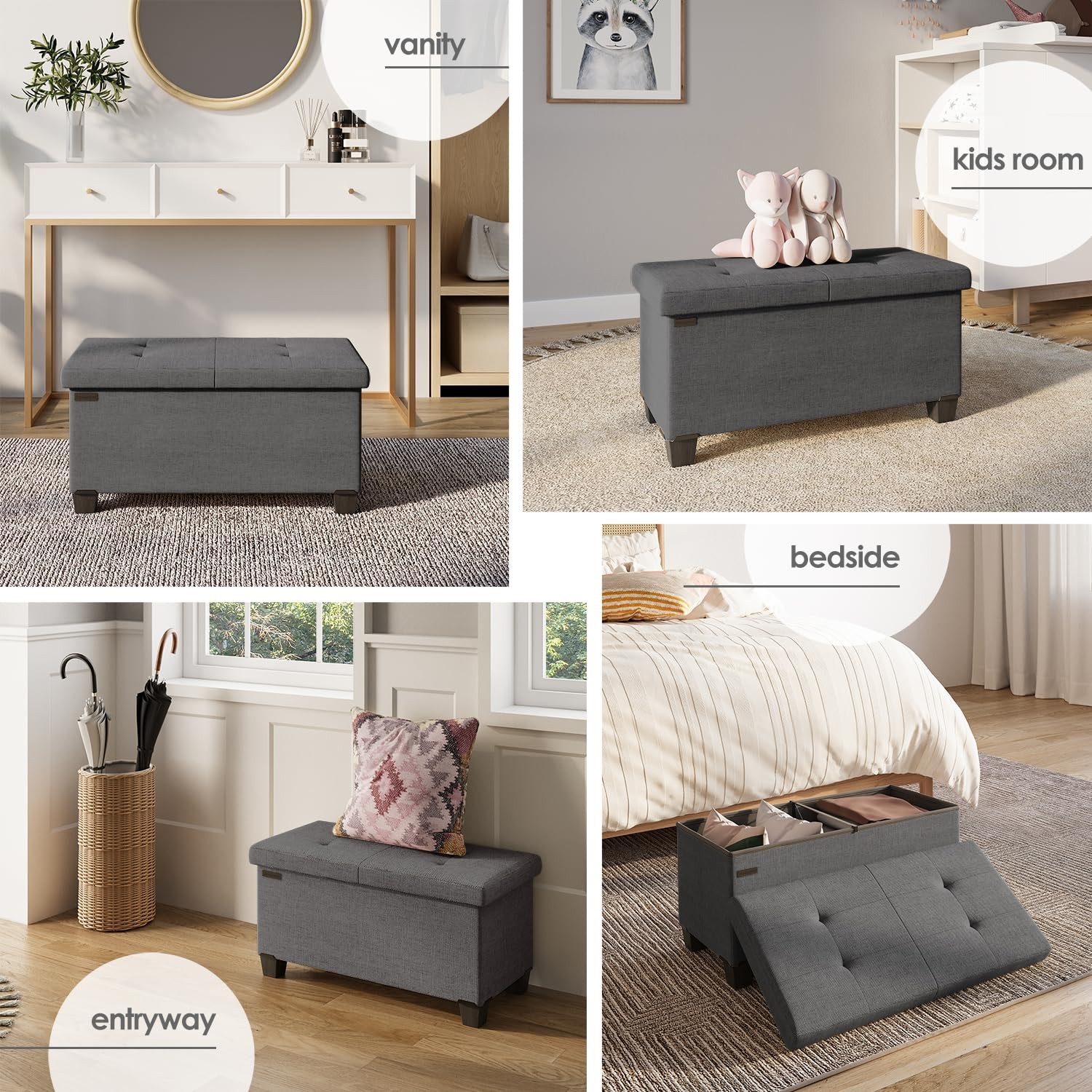 Storage Ottoman Bench with Bins, 30-In for Bedroom End of Bed, Folding Foot
