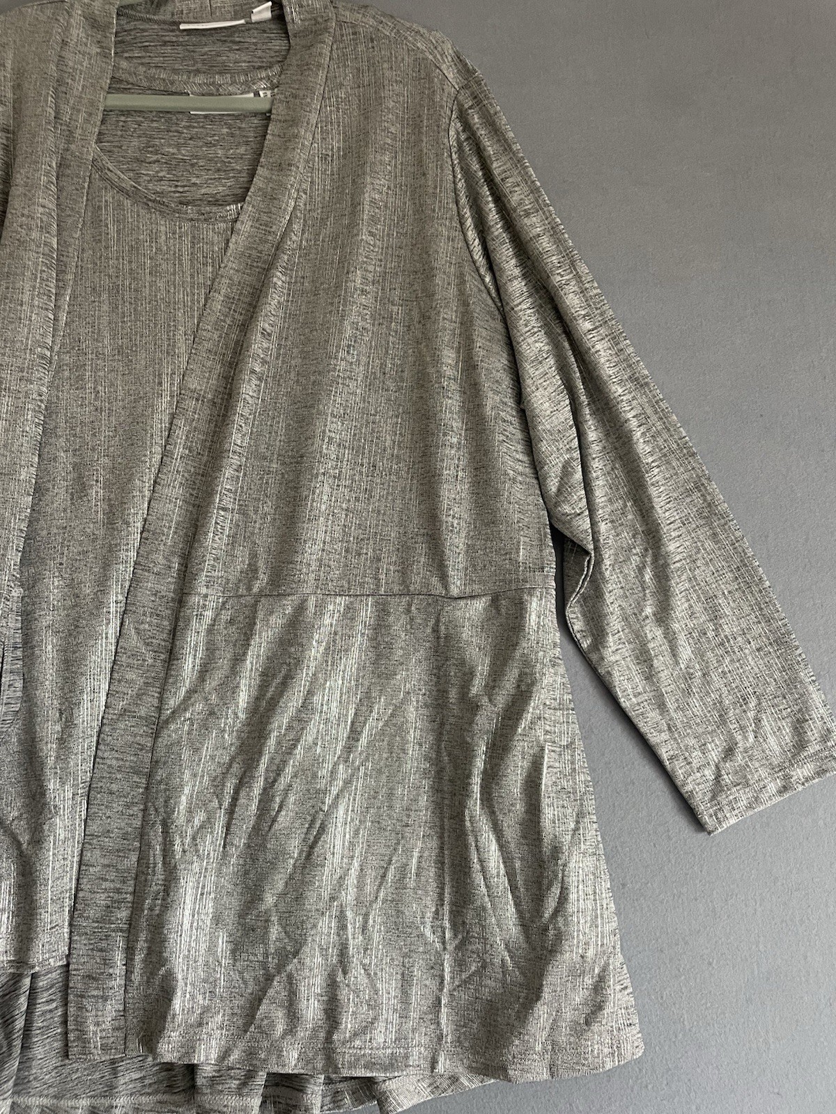 Susan Graver 2X Liquid Knit Metallic Silver Open Cardigan Tank Set Holiday NYE