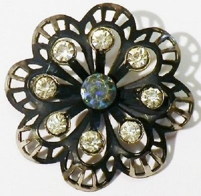 Broche Vintage Ronde - Cristal, Diamants, Perles Et Fleurs En Or, Bijou Ancien *4191