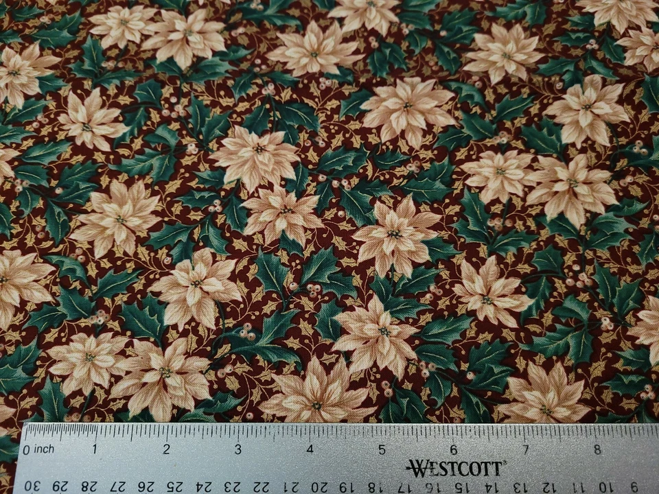 Treasured Traditions BTY QT Beige Poinsettia Tan Gold Green Leaves Wine - Image 2 of 3