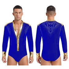 Men Bodysuit Samba Dancewear Metallic Leotard Ballet Activewear Ice Skating