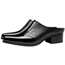 Men's Leather Slippers Chunky Heels Pointed Toe Casual Party Slide Mules Formal