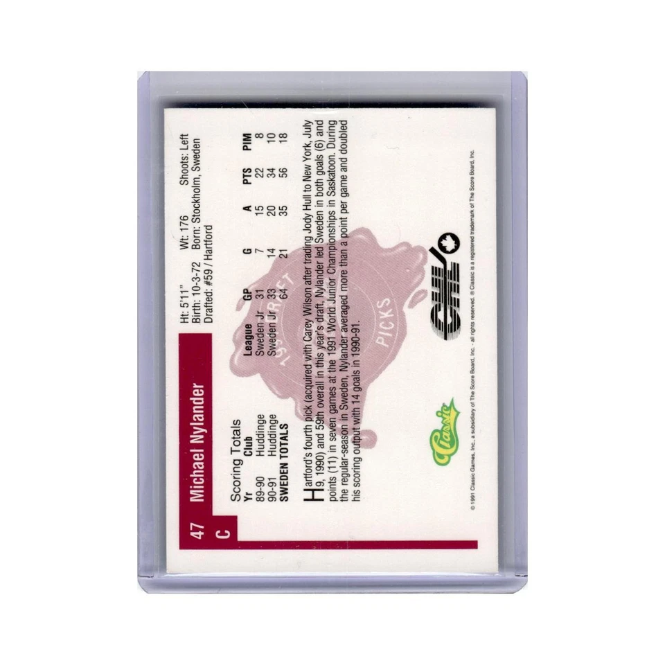 Michael Nylander 1991 Classic Draft Picks #47 Hartford Whalers Hockey Card NM - Image 2 of 3