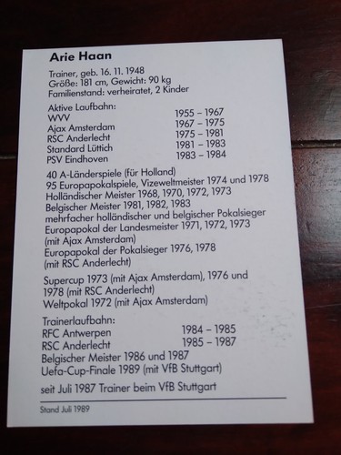 Alte Autogrammkarte 1989 Trainer Arie Haan VFB Stuttgart handsigniert - Bild 2 von 2