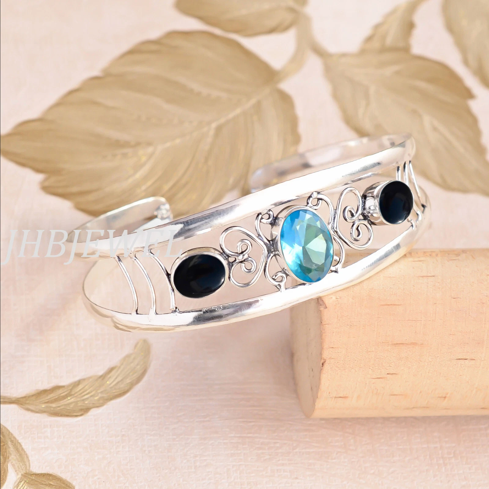 VALENTINO Bracciale fatto a mano in argento sterling 925 con topazio blu e pietra preziosa onice nera Londra