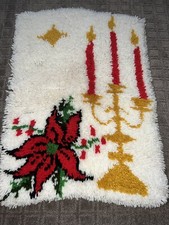 Vintage Christmas Latch Hook Rug Wall Hanging Candles Poinsettia 25x18