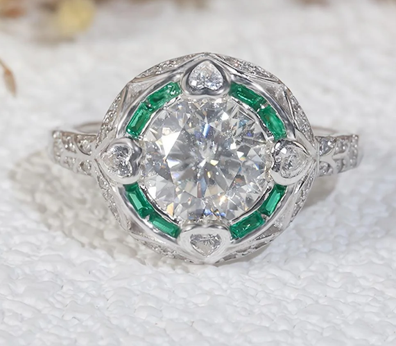 Solid 935 Argentium Silver, White Cubic Zirconia & Green Emerald