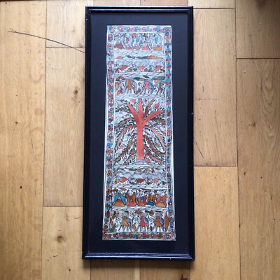 Vintage gerahmtes indisches Madhubani Stil Gemälde von Vögeln Elefanten & Laub