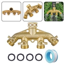 Heavy Duty 4-way Garden Hose Splitter Shut off valves All Brass Stainless Ball