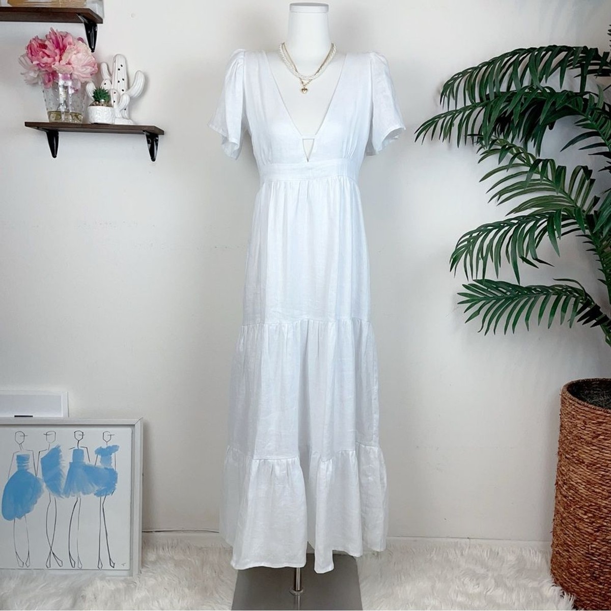 Lusana Coco Lace Back Linen Maxi Dress in Optic White NWT Women Dress Size Small Lusana Coco Lace Back Linen Maxi Dress in Optic White NWT Women Dress Size Small