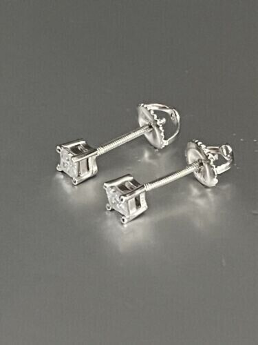 Screw Princess Fancy Shape Natural Diamond Stud Earrings 4-Prong 14k White Gold