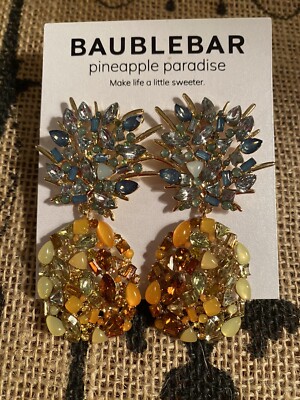 BaubleBar Jewel Pineapple Earrings Gold Metal Post Pineapple Island Paradise NIB