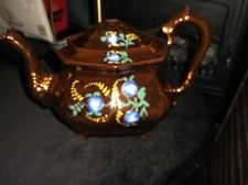 ANTIQUE COPPER LUSTRE TEAPOT BLUE HANDPAINTED FLOWERS SERPENT ? HANDLE NO KNOB