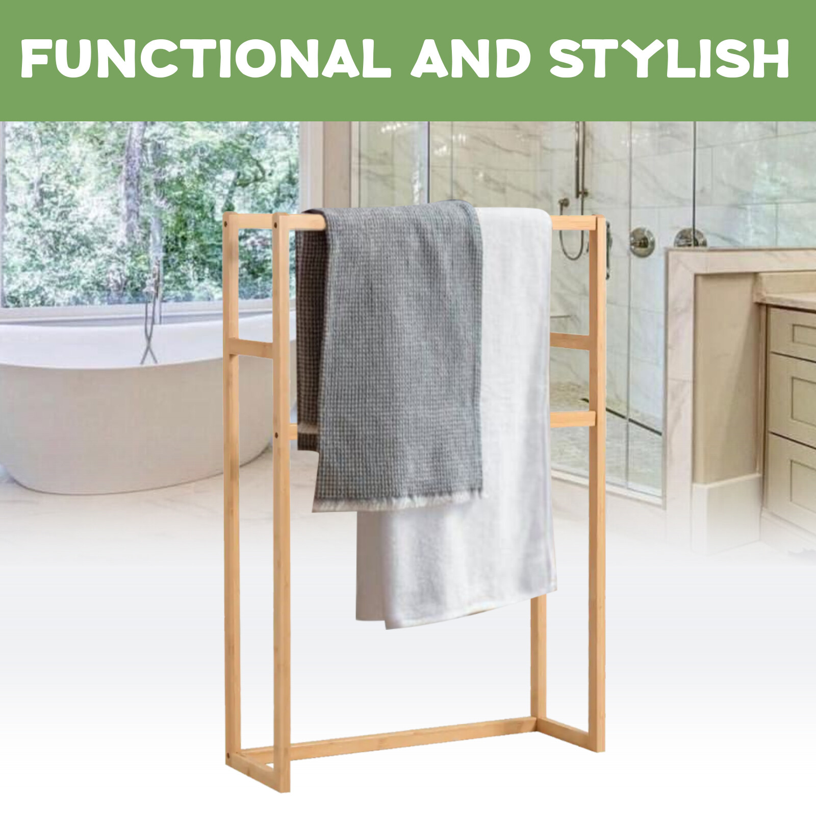 Bamboo Towel Bar Holder Rack 2Tier Freestanding Bathroom Towel Storage