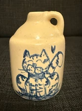 Vintage Salt Glaze Stoneware Miniature Pottery Crock Jug Pitcher Cat Folk Art