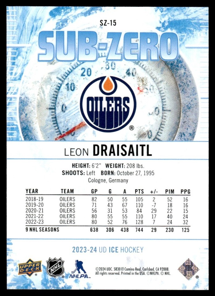 202324 UPPER DECK ICE SUBZERO LEON DRAISAITL EDMONTON OILERS SZ15