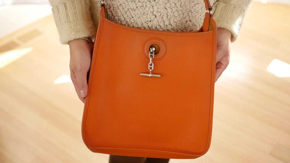 Authentic Hermes Orange Epsom Vespa PM Leather Shoulder Bag