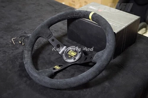 Volante deportivo 350 mm 14' OMP cuero gamuza genuino negro cono profundo carreras - Imagen 3 de 9