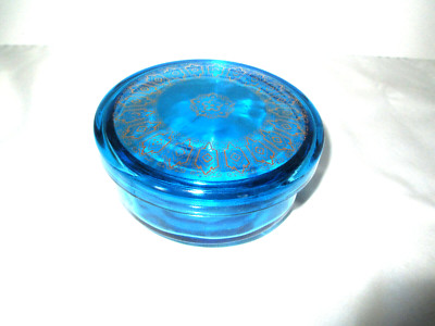 Vintage Elegant Vivid Blue Glass Dresser Powder Jar Gold Accents on Lid
