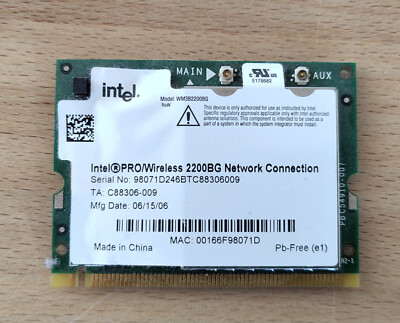 Intel PRO/Wireless 2200BG Network Connection, Model: WM3B2200BG, TA: C88306-009