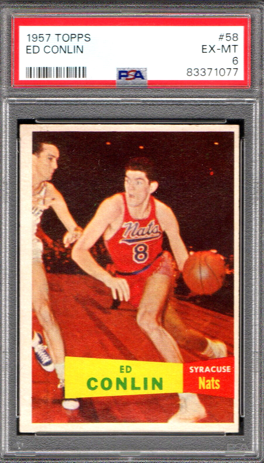 1957 TOPPS #58 ED CONLIN ROOKIE SP SYRACUSE NATS 077 - PSA EX 6 - CLEAN