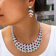 Silver Plated Colorful CZ Zirconia Wide Leaf Necklace Earrings Women Jewelry Set