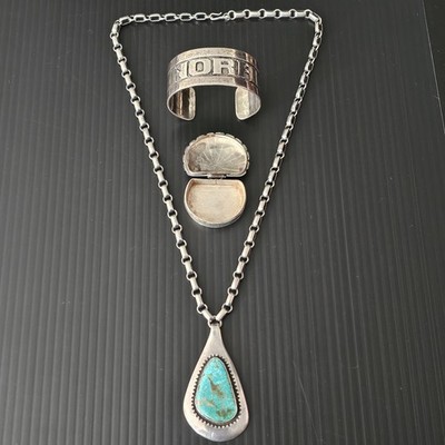 FRANK PATANIA SR THUNDERBIRD SHOP TURQUOISE NECKLACE, PILL BOX AND BRACELET LOT!