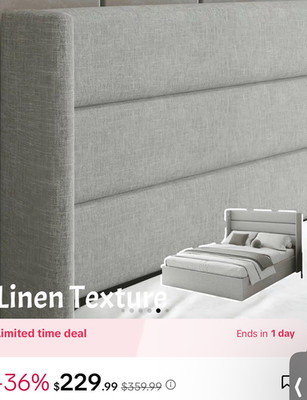 Full Platform Bed Frame, Gray Linen Texture Upholstered, Wood Frame